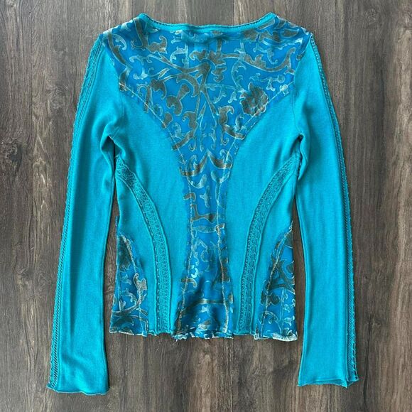 Vtg Cache Silk Cashmere Long Sleeve Shirt Blue Sheer Lace Velvet Blouse Medium - Picture 3 of 9